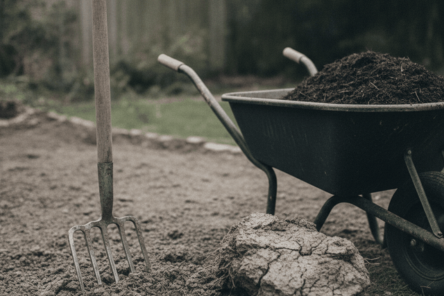 garden fork driven into heavy grey clay soil with a wheelbarrow of dark compost beside it