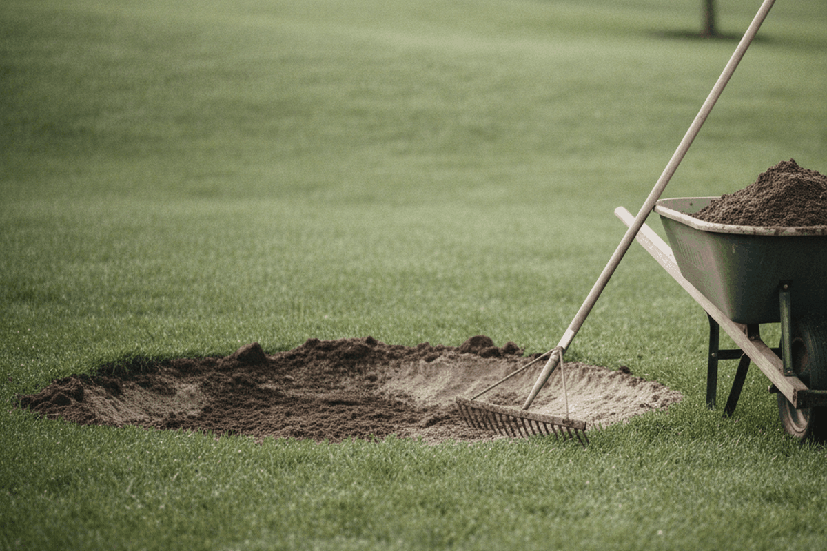 a low spot half filled with a topsoil and sand mix