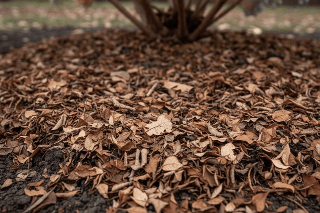 finely shredded leaf mulch spread around the base of a hydrangea