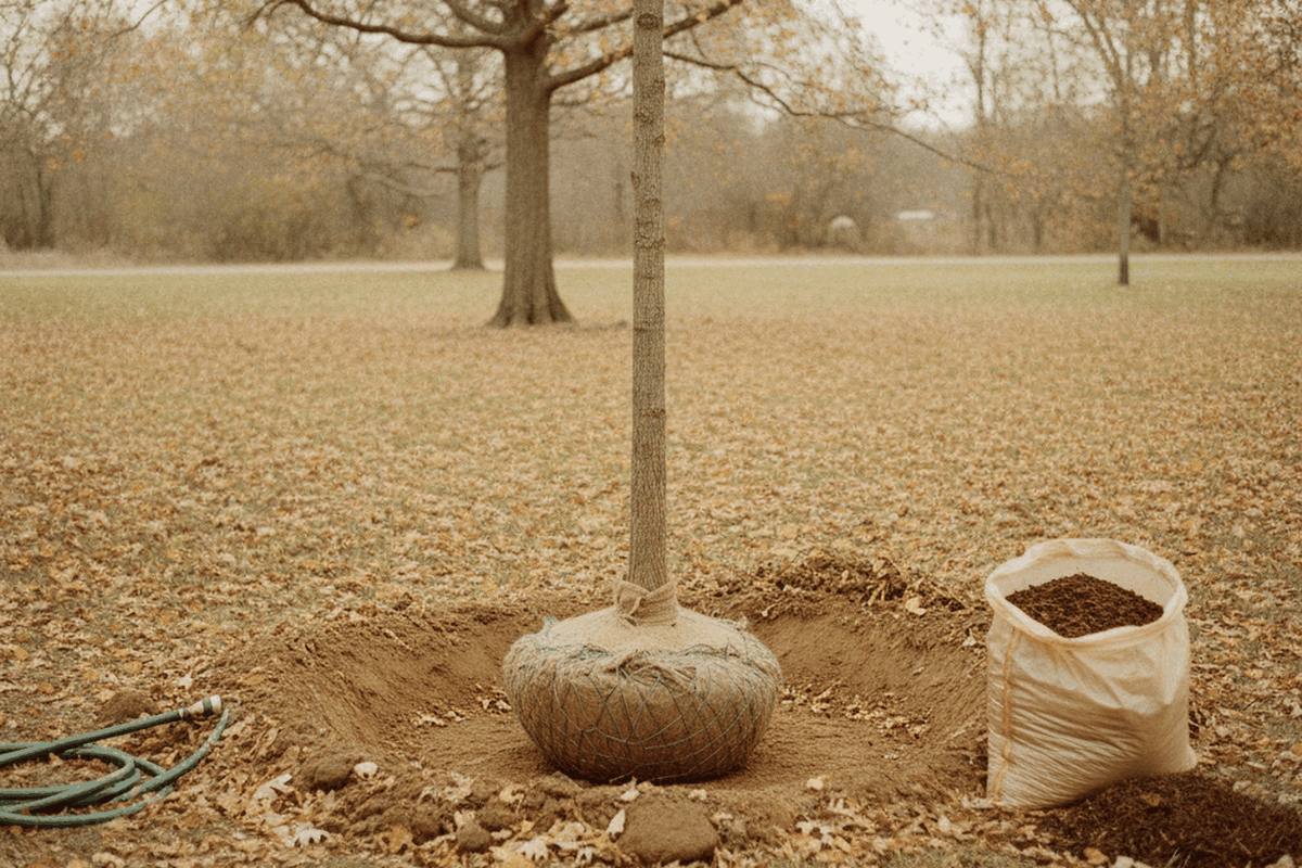 tree with its root ball set in a wide shallow planting hole