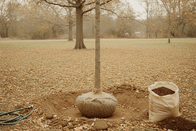 tree with its root ball set in a wide shallow planting hole