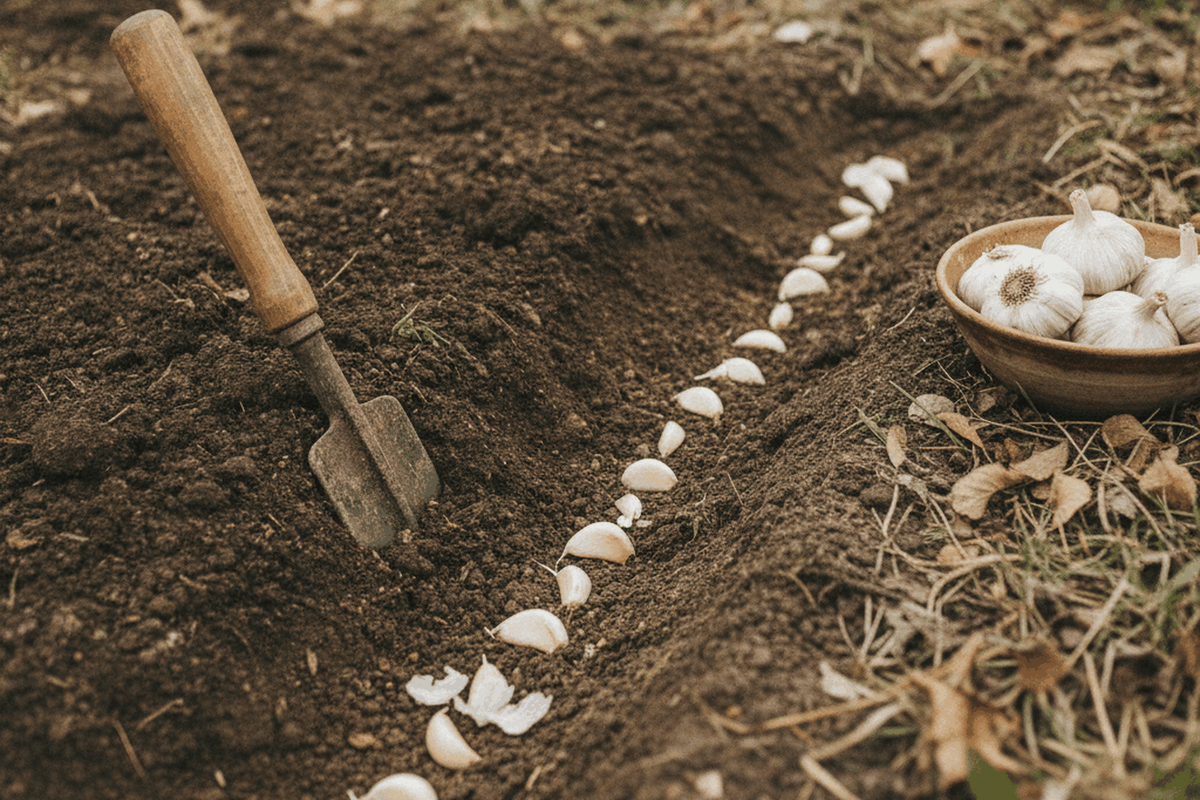 garlic cloves set in a row in a dark soil furrow