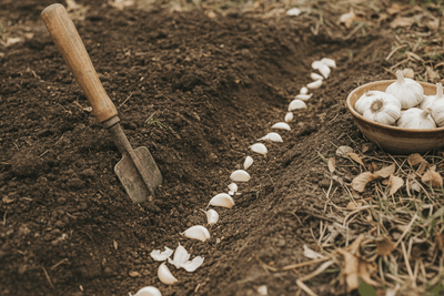 garlic cloves set in a row in a dark soil furrow