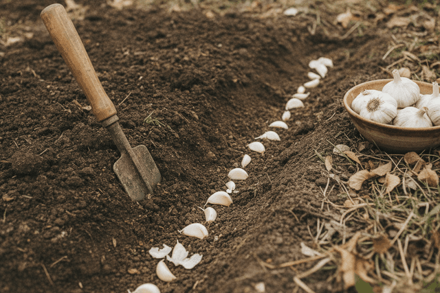 garlic cloves set in a row in a dark soil furrow