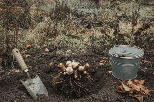 A bare root peony crown with pink buds set in a shallow hole in dark soil