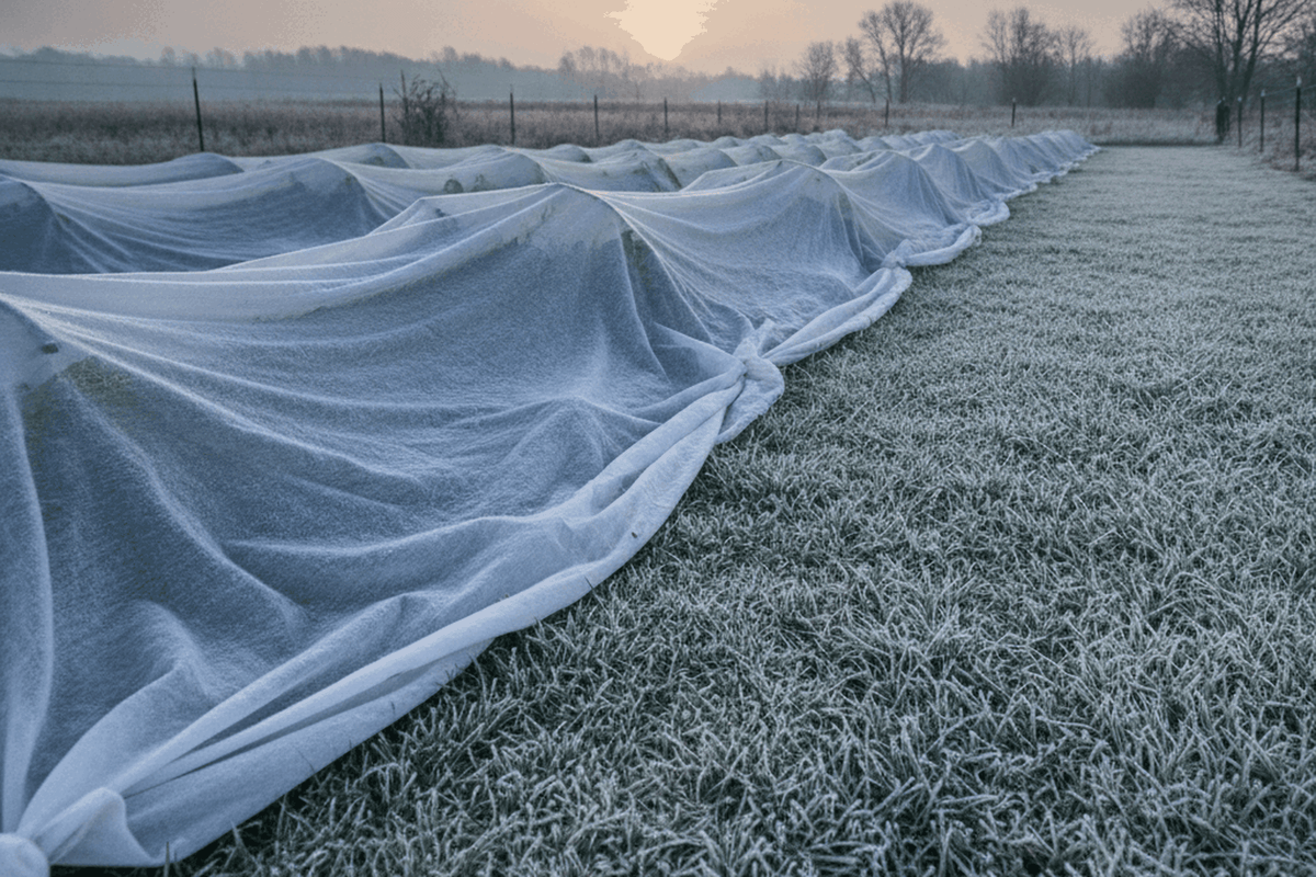 White frost cloth draped over a row of garden plants at dawn