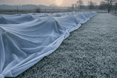 White frost cloth draped over a row of garden plants at dawn