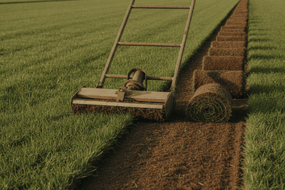 manual kick sod cutter cutting a strip of turf