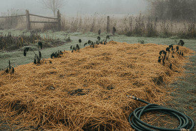 A cleared vegetable bed covered in straw mulch with a few frost nipped plants at the edge and coiled hose beside it
