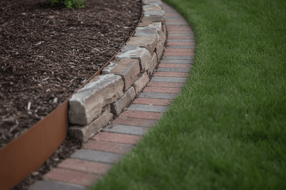 garden bed edge in three materials meeting
