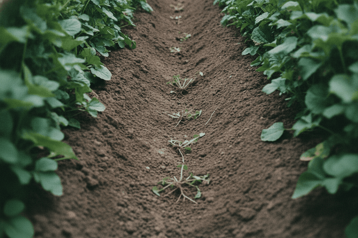 A narrow furrow drawn between perennial crowns with the pulled weeds beside it. Spear Head Spade vs CobraHead: Which Tool Do You Need?