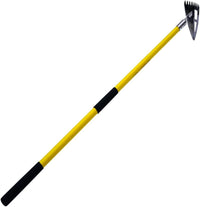 Spear Head Hoe with stainless steel blade and rake on a yellow fiberglass long handle