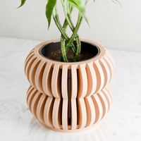 Orchid Double Bubbles Planter in Natural Wood holding a plant in a nursery pot