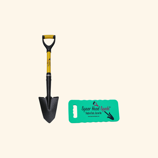 Spear Head Spade SHMini 30 inch precision spade beside the cushioned foam garden kneeler