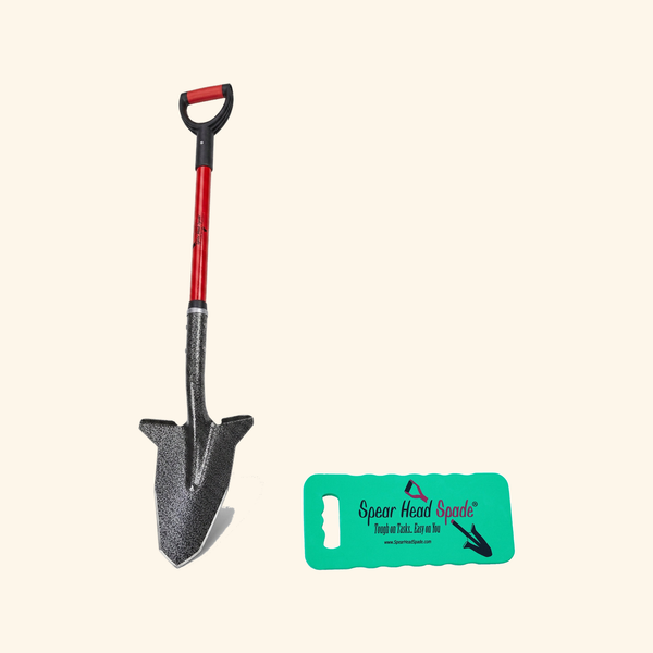 Spear Head Spade 40 inch D-grip garden spade in red beside the cushioned foam garden kneeler