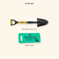 In the box: Spear Head Spade 30 inch Mini garden spade and the foam garden kneeler, shown to scale