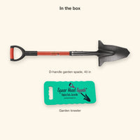 In the box: Spear Head Spade 40 inch D-handle garden spade in red and the foam garden kneeler, shown to scale