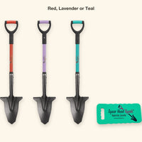 The three D-handle spade colors offered in the set, red, lavender and teal, beside the foam garden kneeler