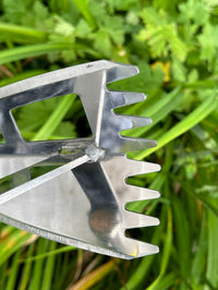 Back of the Spear Head Hoe head up close, the 8-tine rake and welded stainless joint