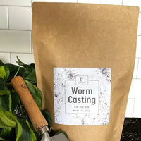 Worm Casting bag with a garden trowel and houseplants